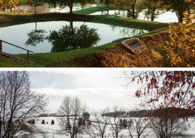 Two photographs of some fishing ponds at a resort